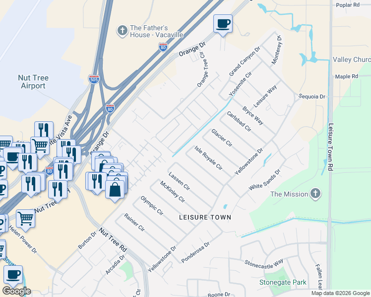 map of restaurants, bars, coffee shops, grocery stores, and more near 160 Lassen Circle in Vacaville