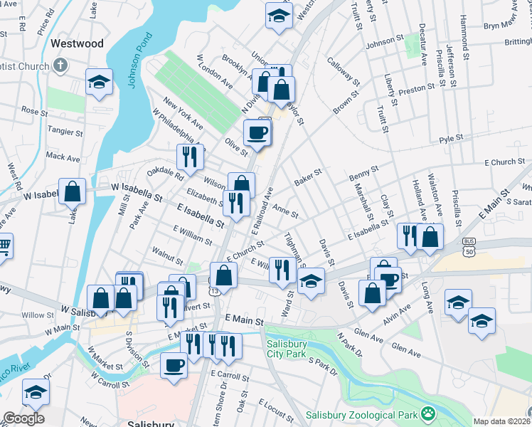 map of restaurants, bars, coffee shops, grocery stores, and more near 406 Elizabeth Street in Salisbury