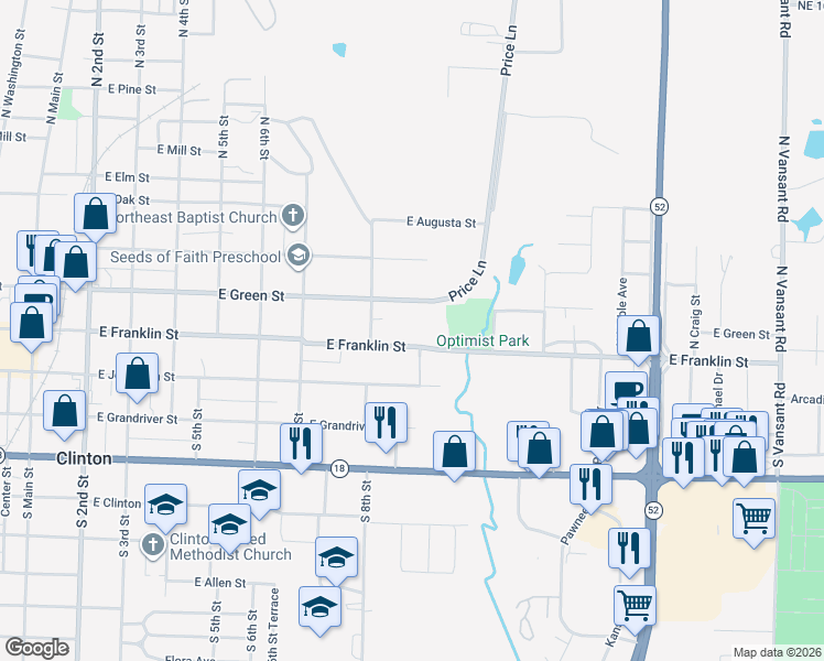 map of restaurants, bars, coffee shops, grocery stores, and more near 812 East Franklin Street in Clinton