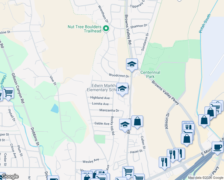 map of restaurants, bars, coffee shops, grocery stores, and more near 213 Markham Avenue in Vacaville