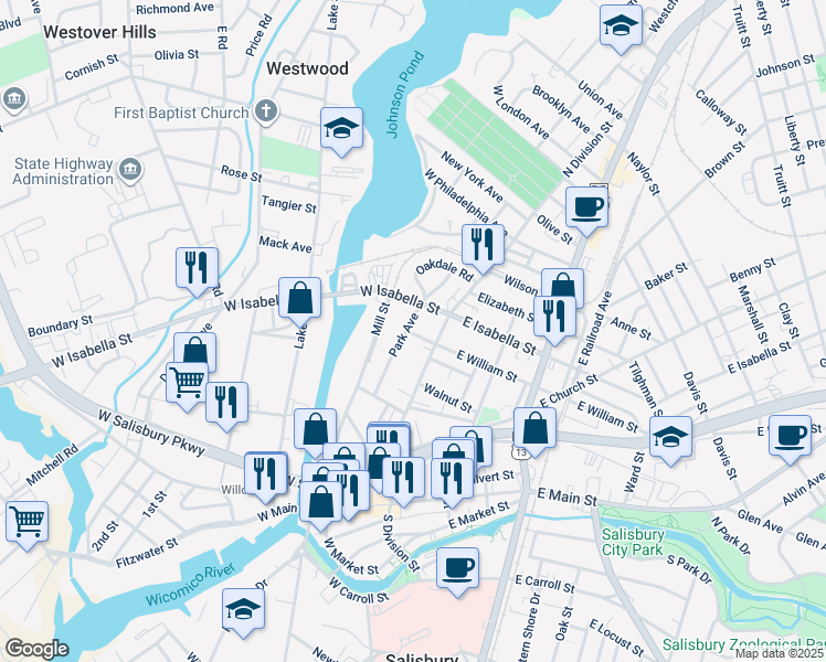map of restaurants, bars, coffee shops, grocery stores, and more near 107 West William Street in Salisbury