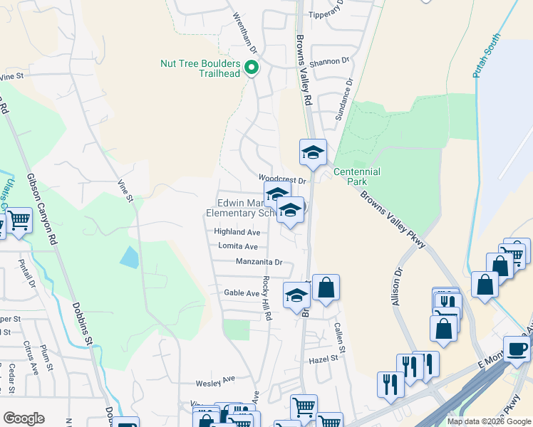 map of restaurants, bars, coffee shops, grocery stores, and more near 213 Markham Avenue in Vacaville