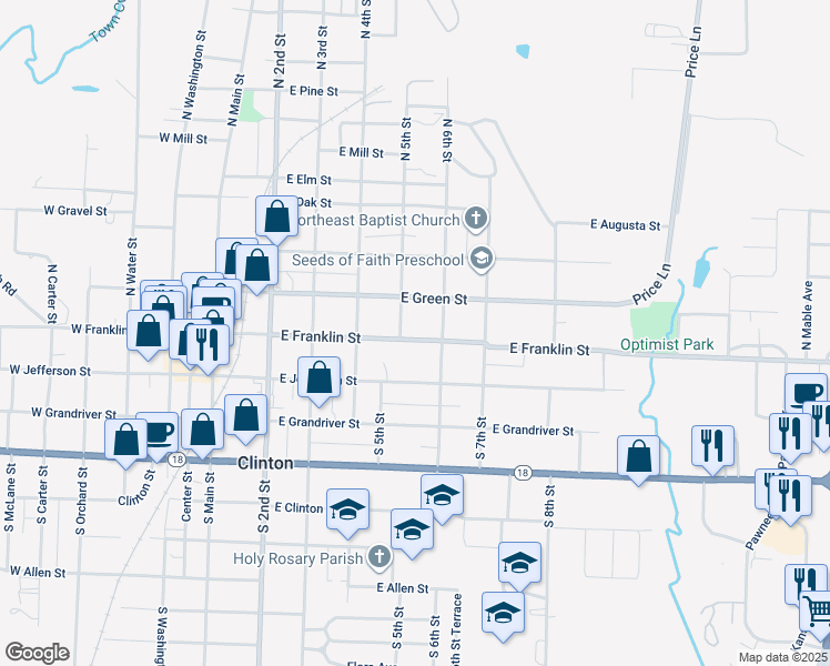 map of restaurants, bars, coffee shops, grocery stores, and more near 505 East Franklin Street in Clinton