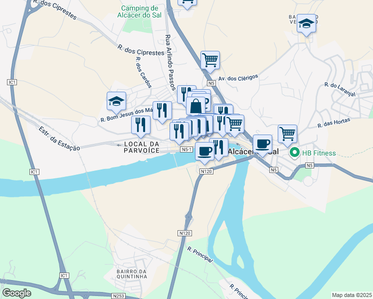 map of restaurants, bars, coffee shops, grocery stores, and more near Avenida João Soares Branco in Alcácer do Sal