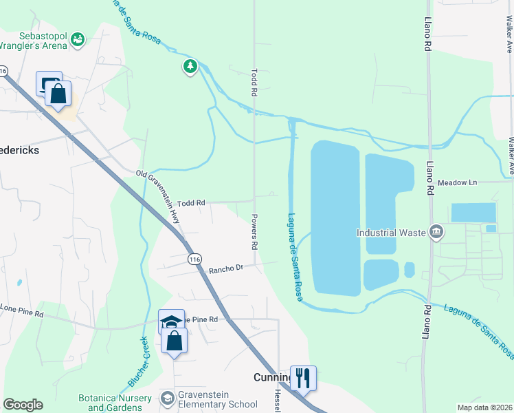 map of restaurants, bars, coffee shops, grocery stores, and more near 5115 Todd Road in Sebastopol