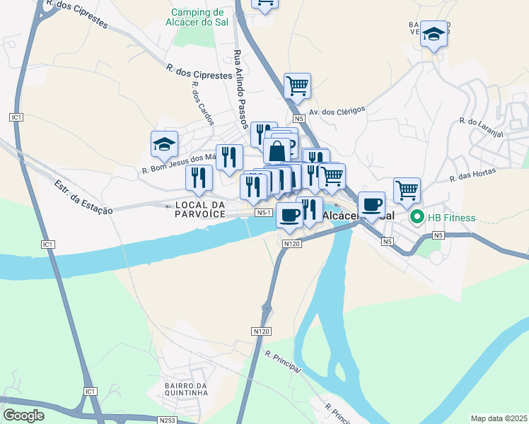 map of restaurants, bars, coffee shops, grocery stores, and more near Avenida João Soares Branco in Alcácer do Sal