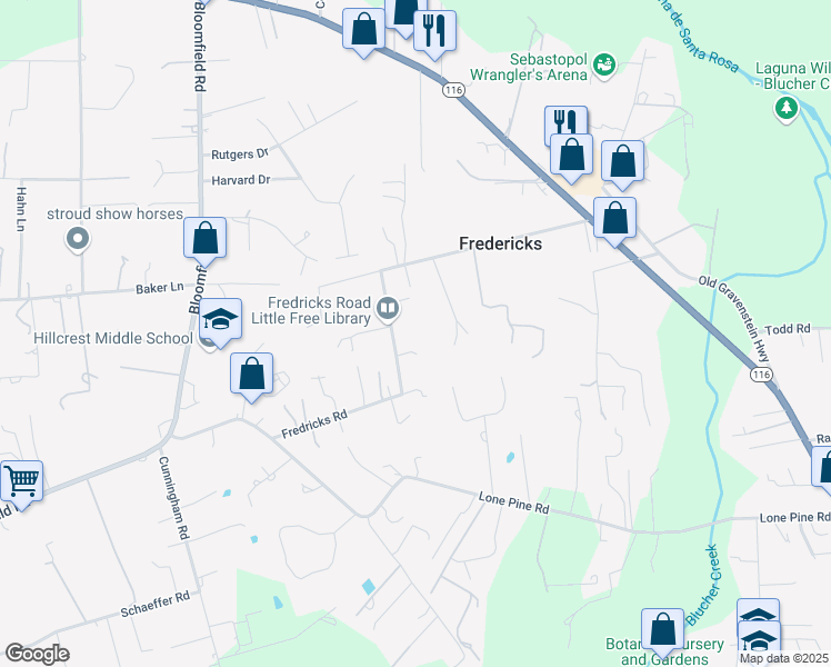 map of restaurants, bars, coffee shops, grocery stores, and more near 6087 Fredricks Road in Sebastopol