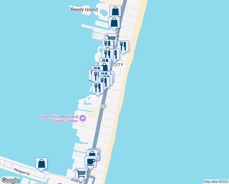 map of restaurants, bars, coffee shops, grocery stores, and more near 5 46th Street in Ocean City