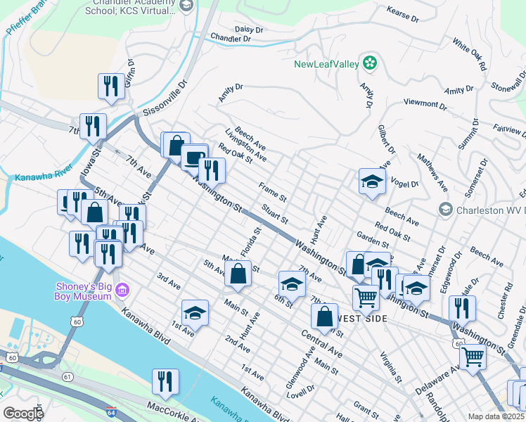 map of restaurants, bars, coffee shops, grocery stores, and more near 1327 Frame Street in Charleston