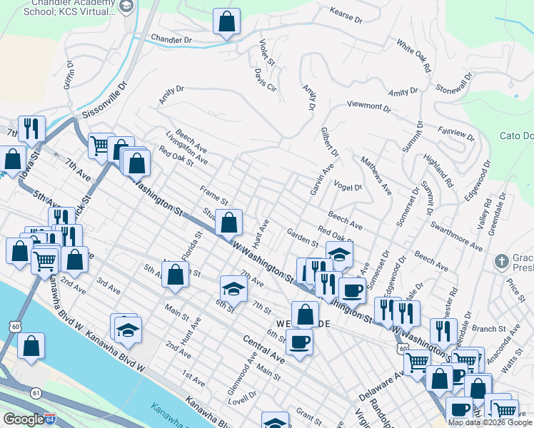 map of restaurants, bars, coffee shops, grocery stores, and more near 1104 Red Oak Street in Charleston