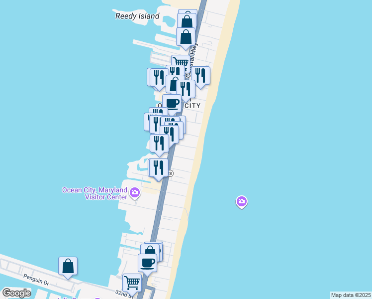 map of restaurants, bars, coffee shops, grocery stores, and more near 7 45th Street in Ocean City