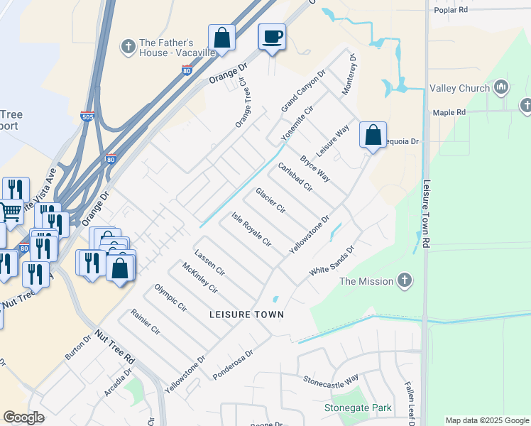 map of restaurants, bars, coffee shops, grocery stores, and more near 161 Glacier Circle in Vacaville