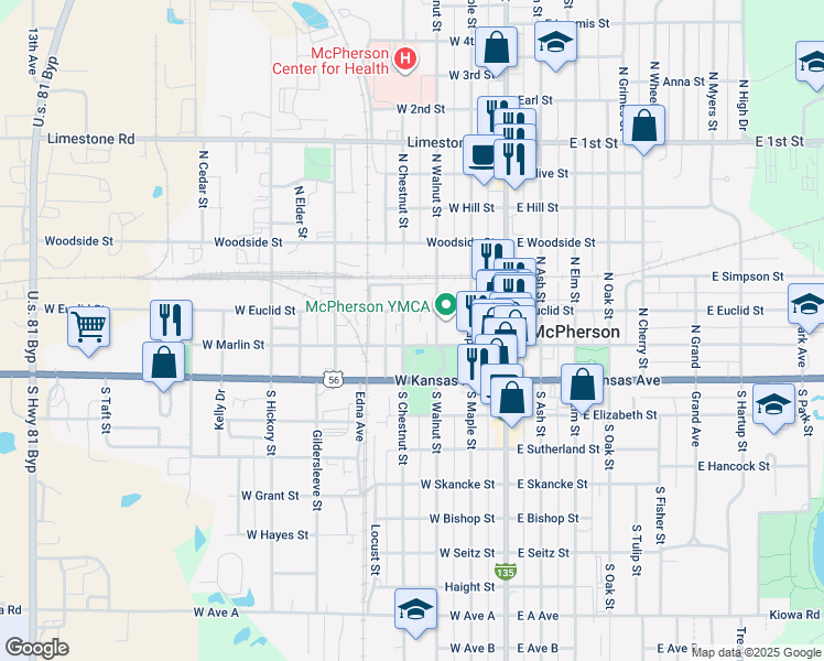 map of restaurants, bars, coffee shops, grocery stores, and more near 322 West Marlin Street in McPherson