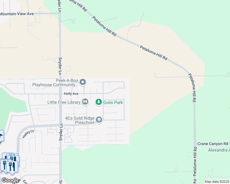 map of restaurants, bars, coffee shops, grocery stores, and more near 1552 Holly Avenue in Rohnert Park