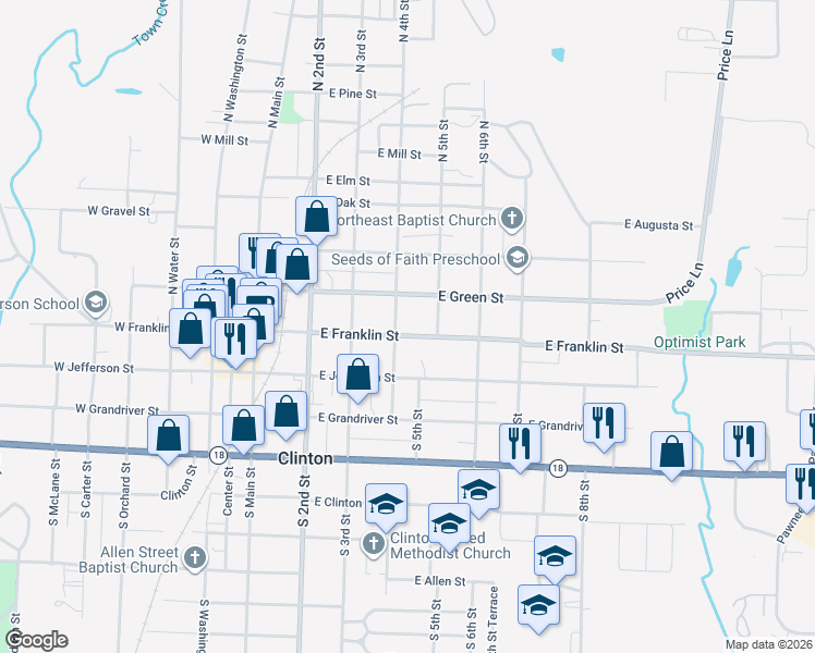 map of restaurants, bars, coffee shops, grocery stores, and more near 405 East Franklin Street in Clinton