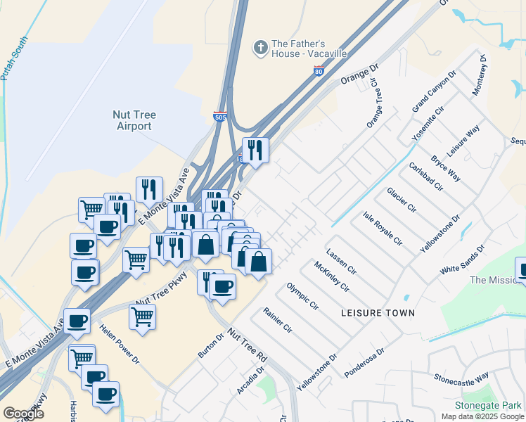 map of restaurants, bars, coffee shops, grocery stores, and more near 151 Lawrence Drive in Vacaville