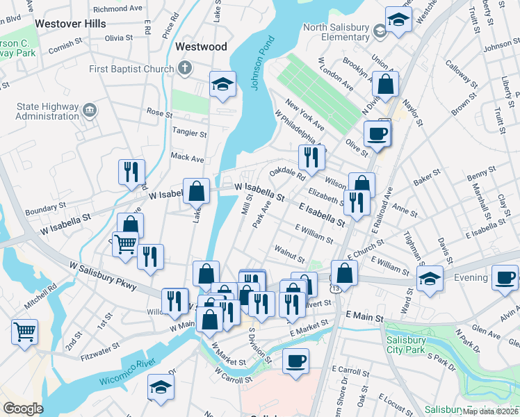 map of restaurants, bars, coffee shops, grocery stores, and more near 233 Oakdale Road in Salisbury