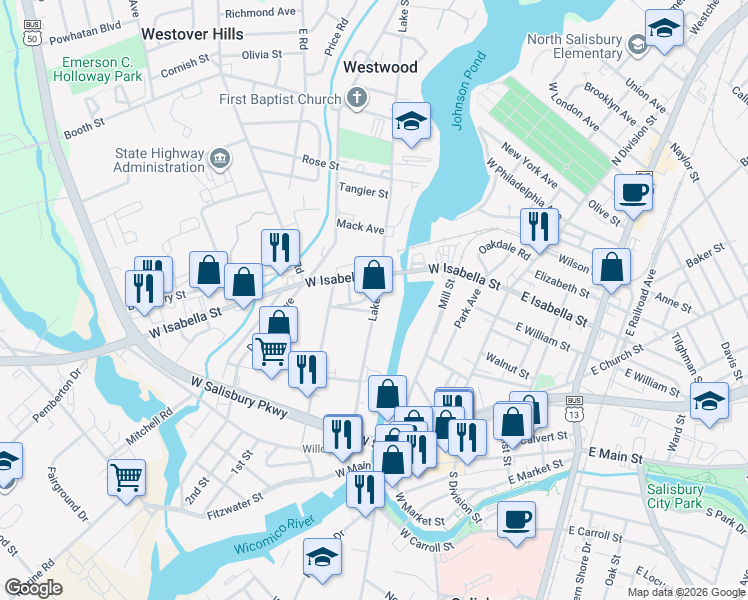 map of restaurants, bars, coffee shops, grocery stores, and more near 506 West Isabella Street in Salisbury