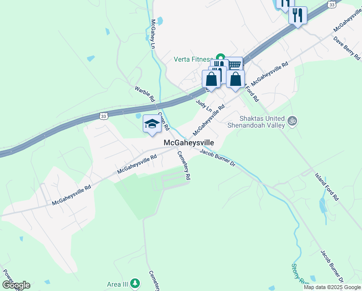 map of restaurants, bars, coffee shops, grocery stores, and more near 185 Conn Road in McGaheysville