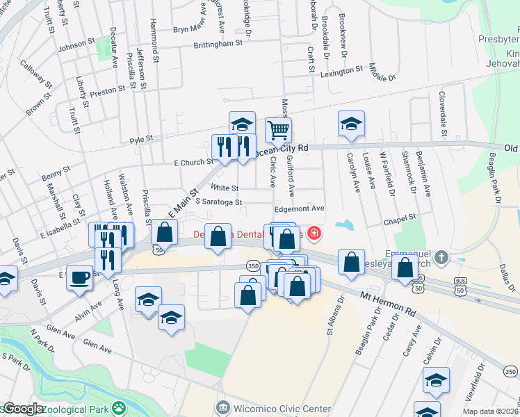 map of restaurants, bars, coffee shops, grocery stores, and more near 209 South Saratoga Street in Salisbury