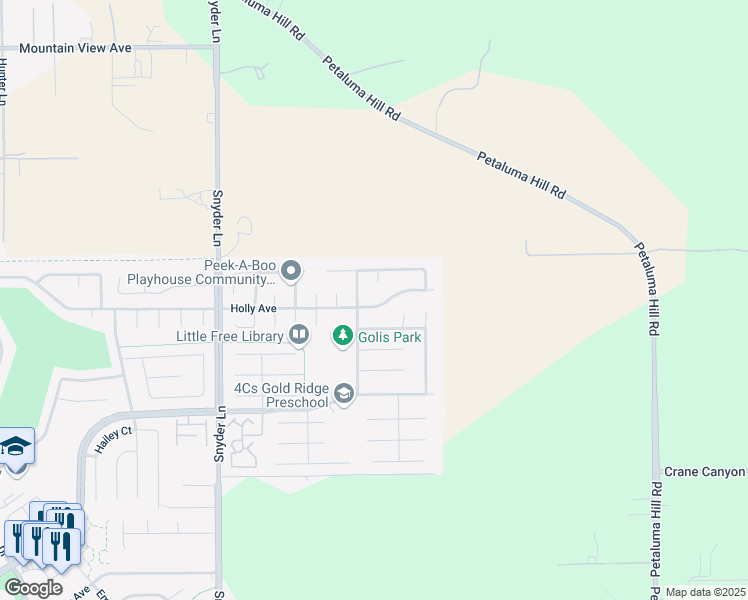 map of restaurants, bars, coffee shops, grocery stores, and more near 1512 Holly Avenue in Rohnert Park
