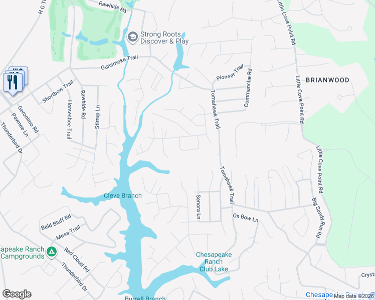 map of restaurants, bars, coffee shops, grocery stores, and more near 15537 Running Fox Circle in Lusby