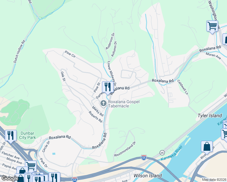 map of restaurants, bars, coffee shops, grocery stores, and more near 1055-1099 Lower Midway Dr in Dunbar