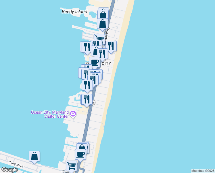 map of restaurants, bars, coffee shops, grocery stores, and more near in Ocean City