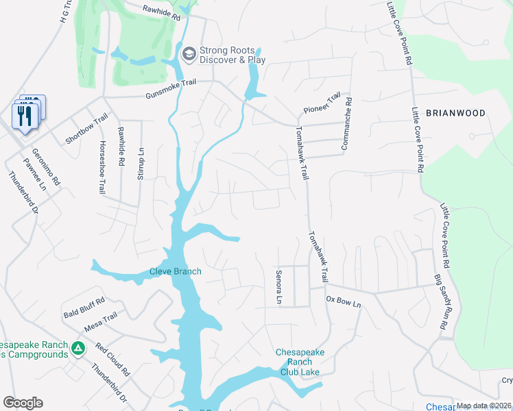map of restaurants, bars, coffee shops, grocery stores, and more near 15520 Running Fox Circle in Lusby