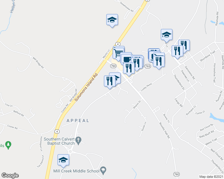 map of restaurants, bars, coffee shops, grocery stores, and more near 11867 H G Trueman Road in Lusby