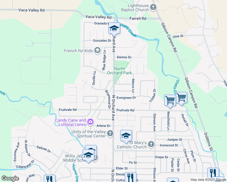 map of restaurants, bars, coffee shops, grocery stores, and more near 675 North Orchard Avenue in Vacaville