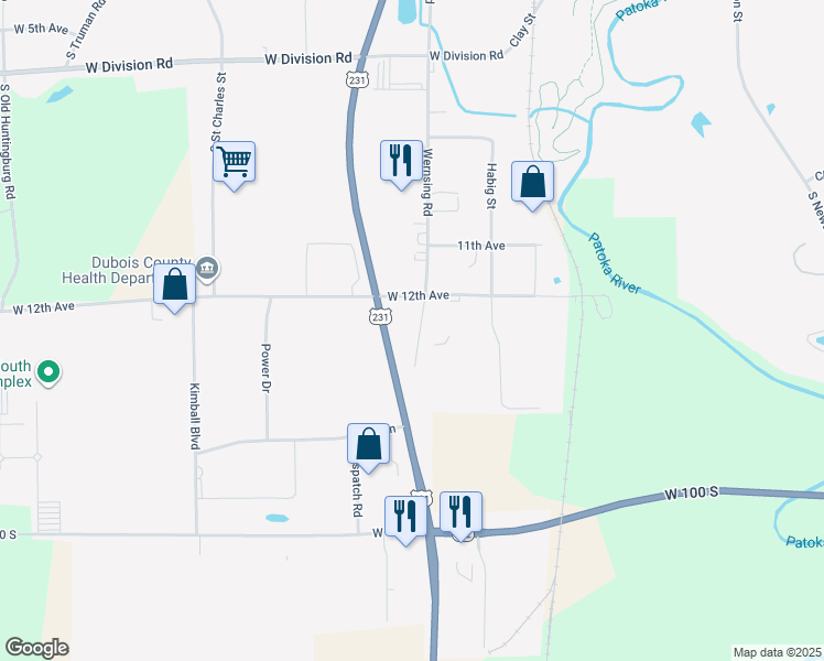 map of restaurants, bars, coffee shops, grocery stores, and more near 1217 Wernsing Road in Jasper