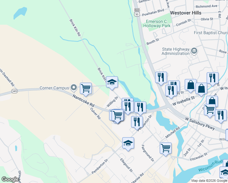 map of restaurants, bars, coffee shops, grocery stores, and more near Old Quantico Road in Salisbury