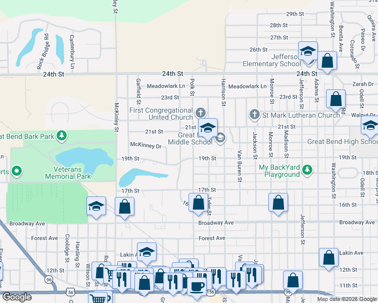 map of restaurants, bars, coffee shops, grocery stores, and more near 2002-2004 Lincoln Street in Great Bend