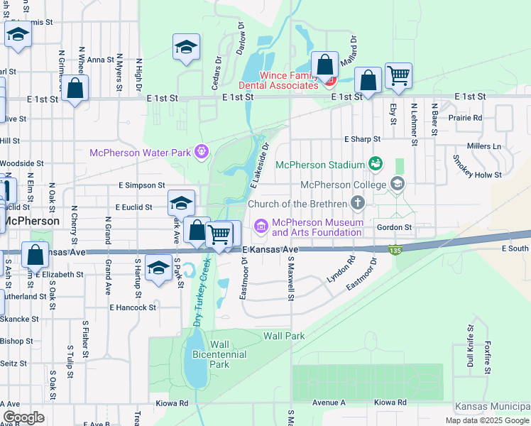 map of restaurants, bars, coffee shops, grocery stores, and more near 1010 East Euclid Street in McPherson