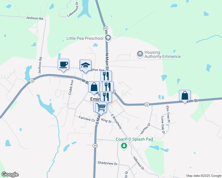 map of restaurants, bars, coffee shops, grocery stores, and more near 30 Elm Street in Eminence