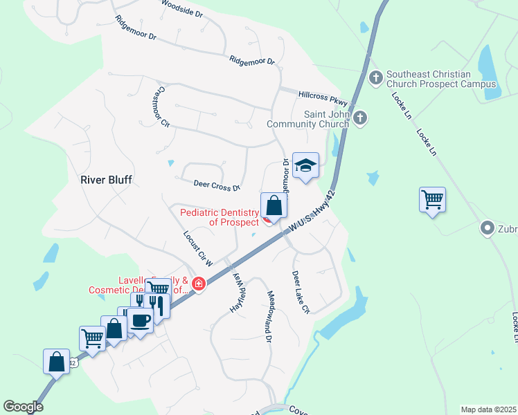 map of restaurants, bars, coffee shops, grocery stores, and more near 42 US Highway in Prospect