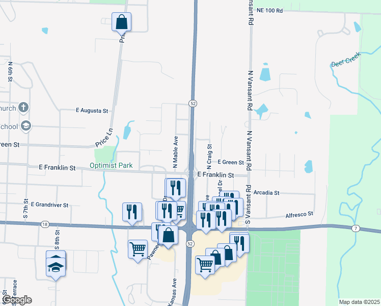 map of restaurants, bars, coffee shops, grocery stores, and more near Missouri 13 in Clinton