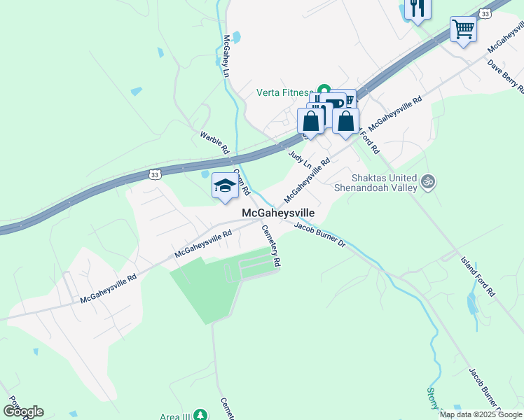 map of restaurants, bars, coffee shops, grocery stores, and more near 185 Conn Road in McGaheysville