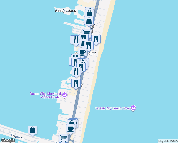 map of restaurants, bars, coffee shops, grocery stores, and more near 12 45th Street in Ocean City