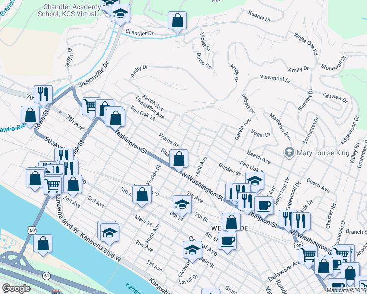 map of restaurants, bars, coffee shops, grocery stores, and more near 1213 Red Oak Street in Charleston
