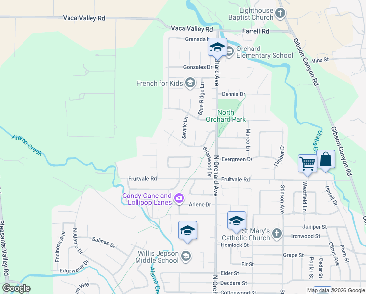map of restaurants, bars, coffee shops, grocery stores, and more near 401 Alicante Court in Vacaville