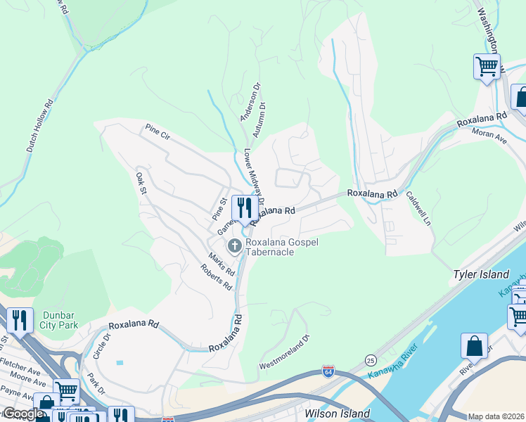 map of restaurants, bars, coffee shops, grocery stores, and more near 1099 Lower Midway Drive in Dunbar