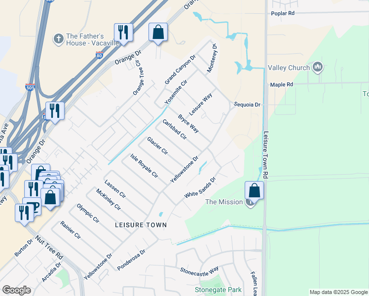 map of restaurants, bars, coffee shops, grocery stores, and more near 111 Carlsbad Circle in Vacaville