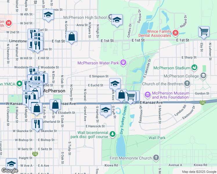 map of restaurants, bars, coffee shops, grocery stores, and more near 737 East Euclid Street in McPherson