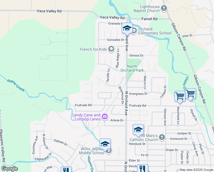map of restaurants, bars, coffee shops, grocery stores, and more near 401 Alicante Court in Vacaville