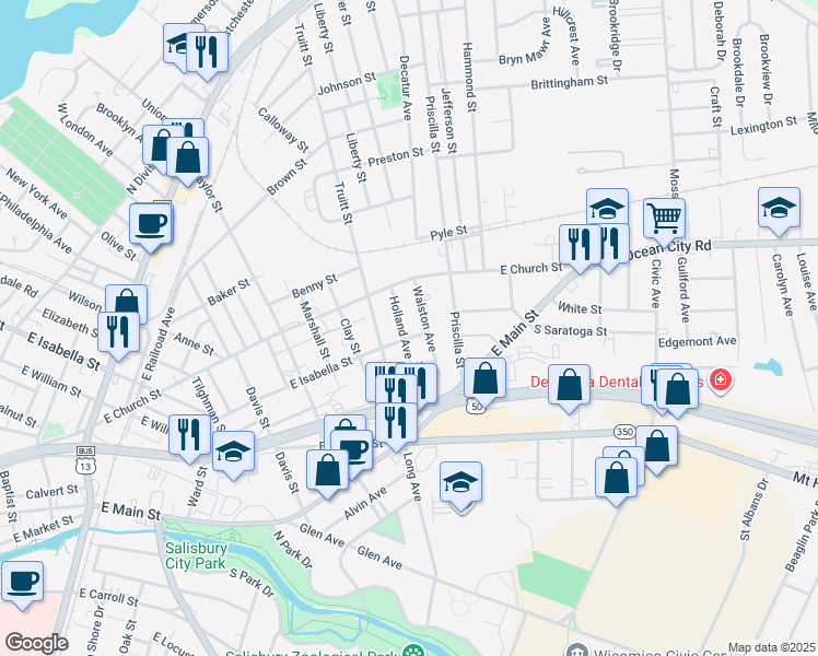 map of restaurants, bars, coffee shops, grocery stores, and more near 208 Holland Avenue in Salisbury