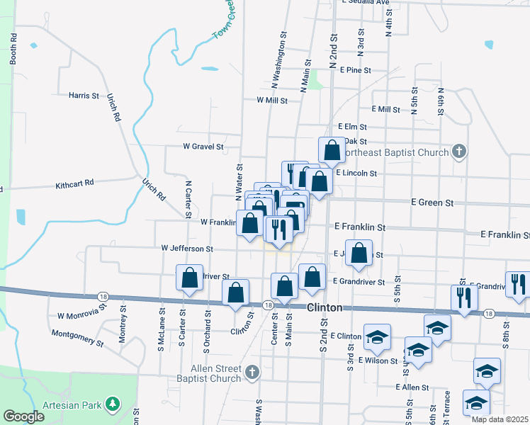 map of restaurants, bars, coffee shops, grocery stores, and more near 113 North Washington Street in Clinton