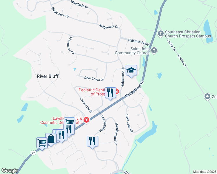 map of restaurants, bars, coffee shops, grocery stores, and more near 42 US Highway in Prospect