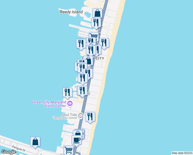 map of restaurants, bars, coffee shops, grocery stores, and more near 12 45th Street in Ocean City